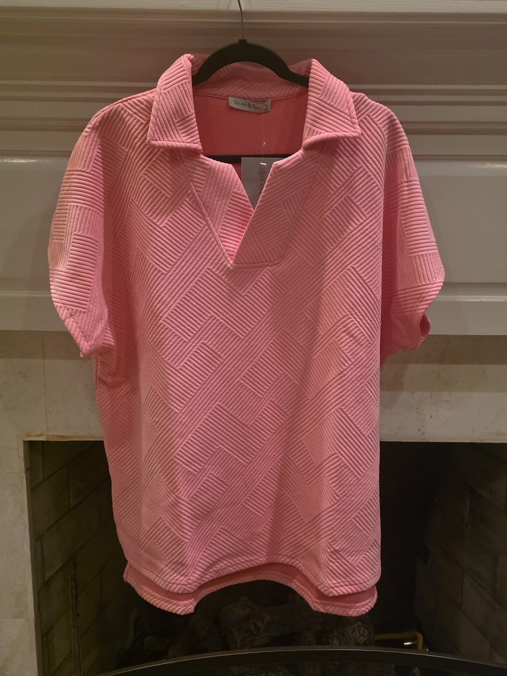 Textured Pink Short-Sleeve Polo Oversized Top